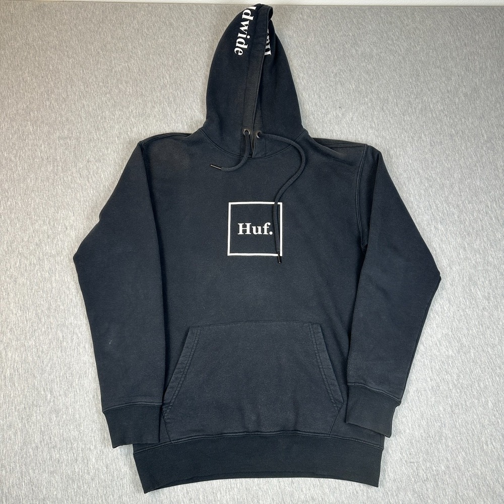 HUF Worldwide Mens Hoodie Size M Black White Streetwear Drawstring Pullover